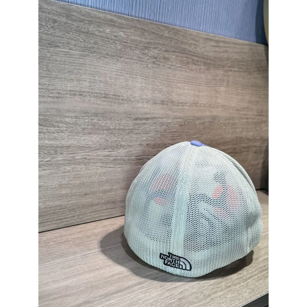 The North Face Trucker Hat Purple White Mesh FlexFit Stretch Cap Mountain Patch
